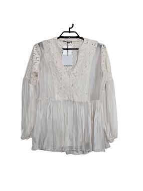 Tendenze Italian Silk Shirt Size Large Cream Boho Flowy V-Neck Romantic L/S Top